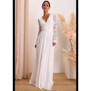 LuLus Awaken my Love white long sleeve lace maxi formal or wedding dress